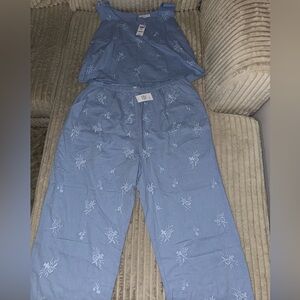 Blue Floral Embroidered Pajama Set